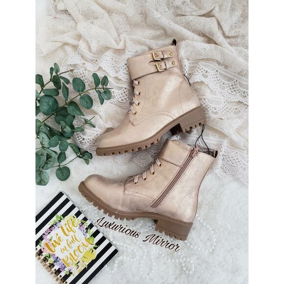 Mia Buckle Hiking Shimmer Rose Gold Boots Suzie Side Zip Up Round Toe Girls 4M - Picture 3 of 9